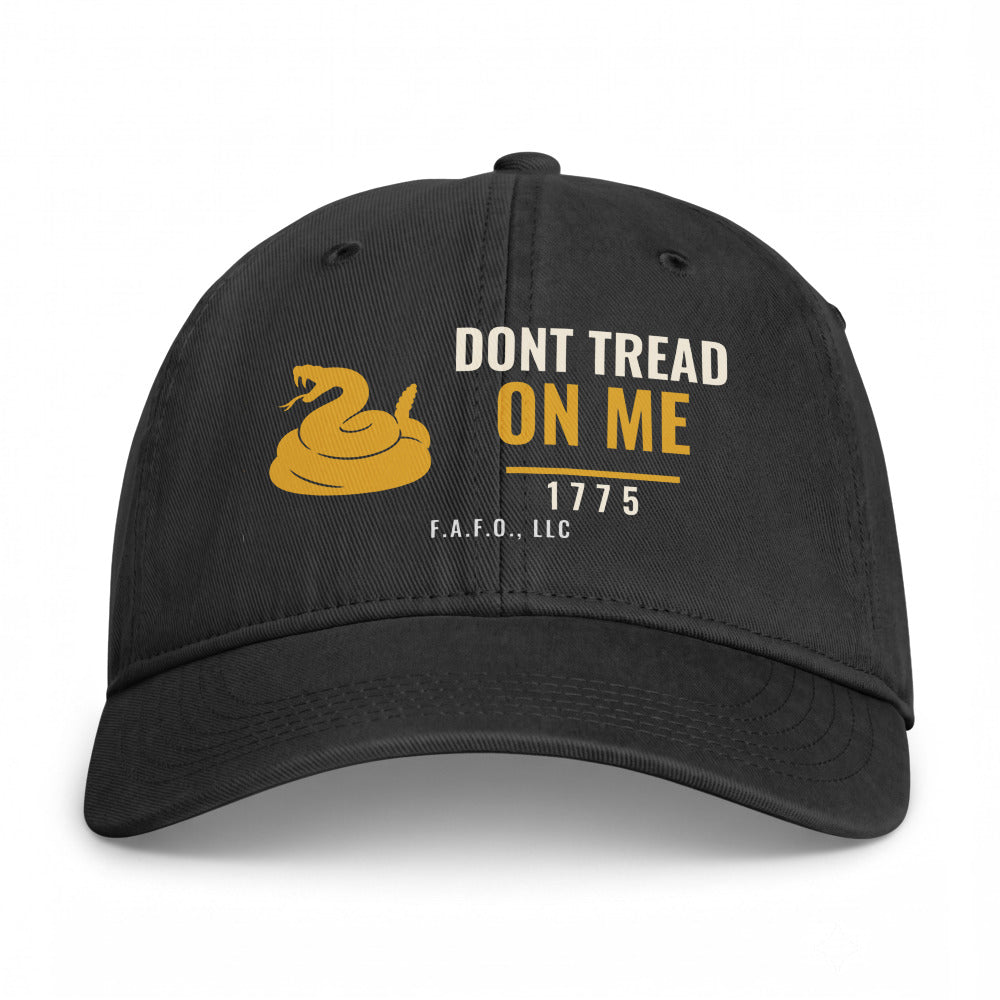 Closed-back washed cap in Black - Don't Tread On Me 1775 with F.A.F.O., LLC stamped on the front