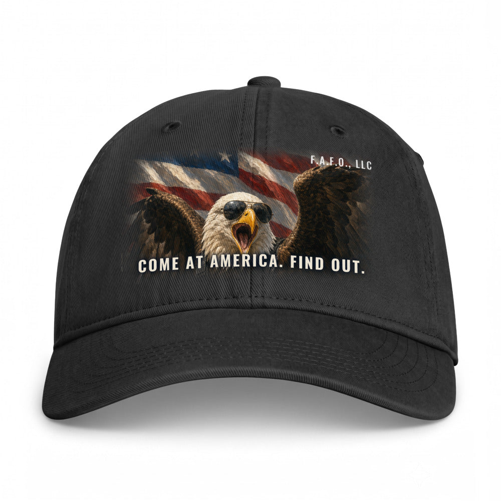 Closed-back washed cap in Black - Come At America. Find Out. with F.A.F.O., LLC stamped on the front