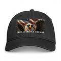 Closed-back washed cap in Black - Come At America. Find Out. with F.A.F.O., LLC stamped on the front