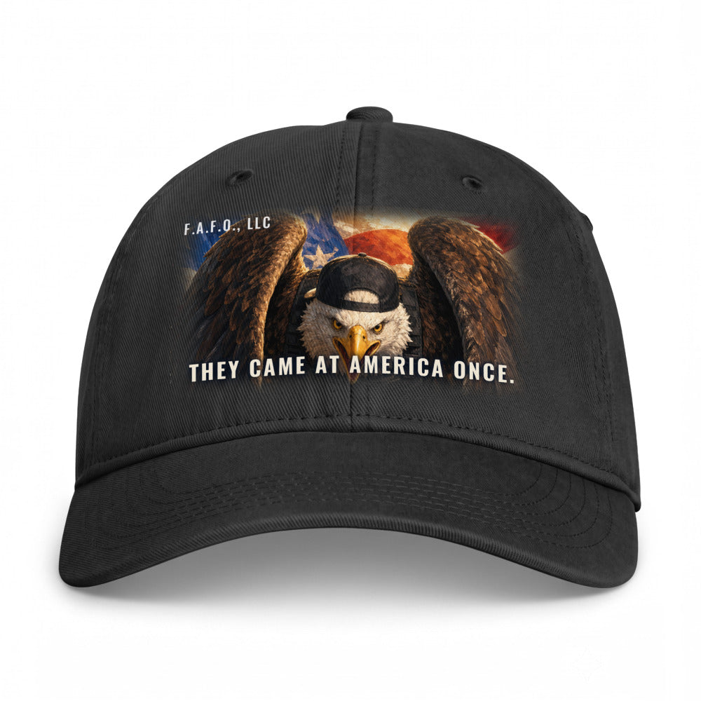 Closed-back washed cap in Black - They Came At America Once with F.A.F.O., LLC stamped on the front