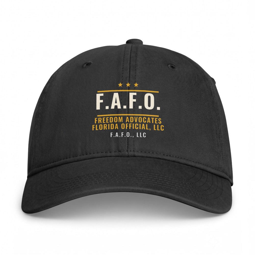 Closed-back washed cap in Black - F.A.F.O., LLC badge with F.A.F.O., LLC stamped on the front