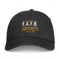 Closed-back washed cap in Black - F.A.F.O., LLC badge with F.A.F.O., LLC stamped on the front