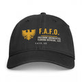 Closed-back washed cap in Black - F.A.F.O., LLC crest with F.A.F.O., LLC stamped on the front