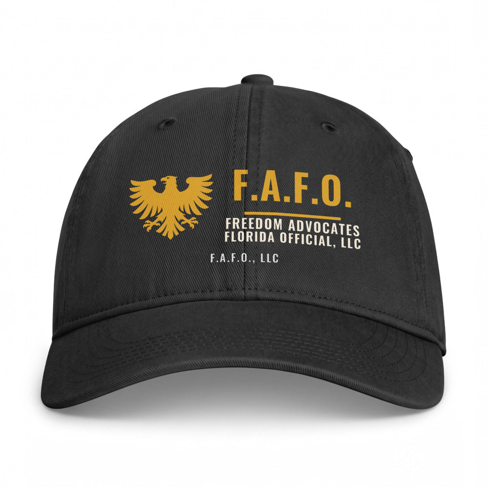 Closed-back washed cap in Black - F.A.F.O., LLC crest with F.A.F.O., LLC stamped on the front