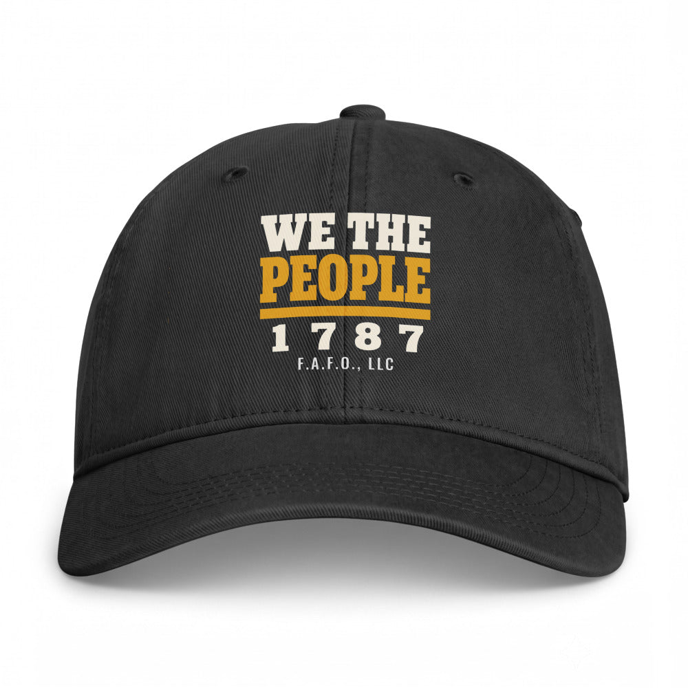 Closed-back washed cap in Black - We The People 1787 with F.A.F.O., LLC stamped on the front