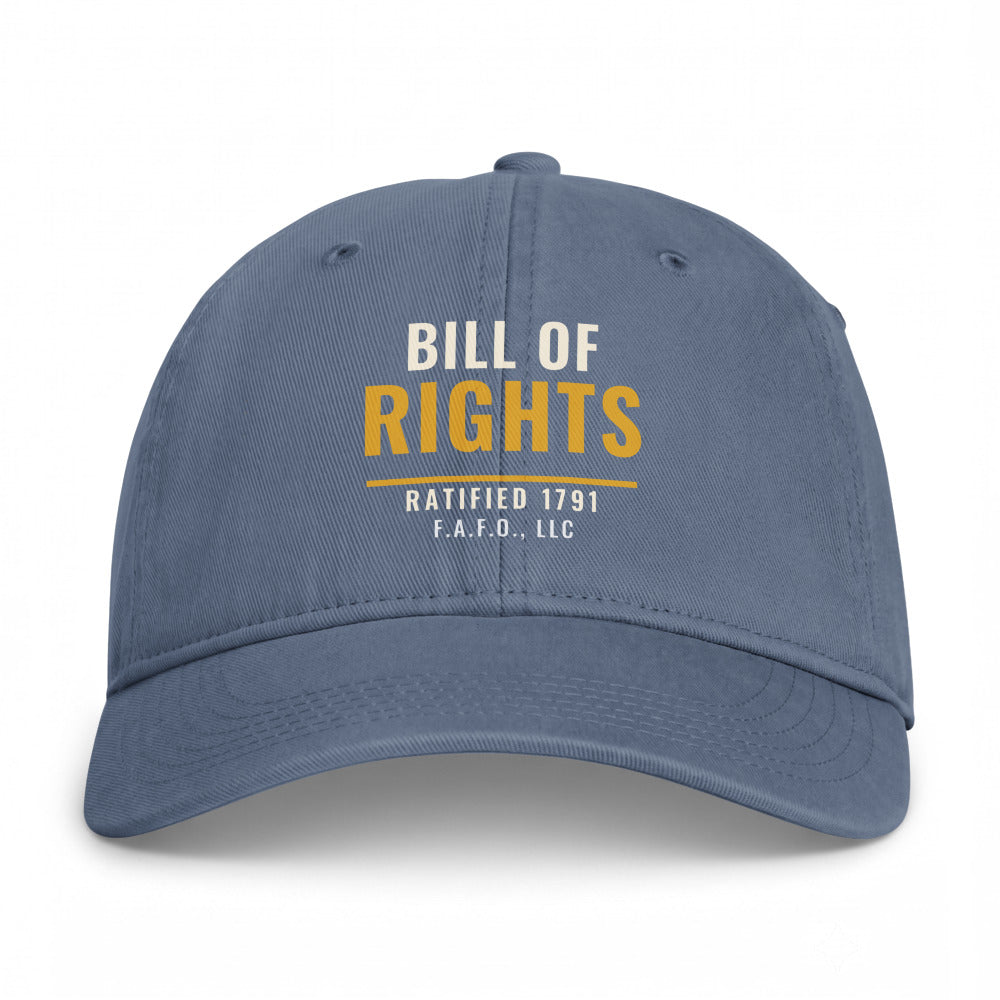 Closed-back washed cap in Blue Jean - Bill of Rights 1791 with F.A.F.O., LLC stamped on the front