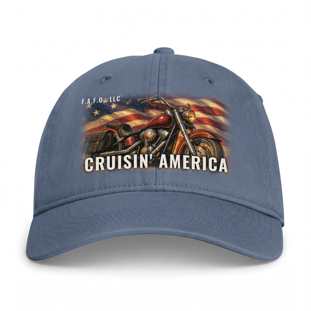 Closed-back washed cap in Blue Jean - Cruisin' America with F.A.F.O., LLC stamped on the front
