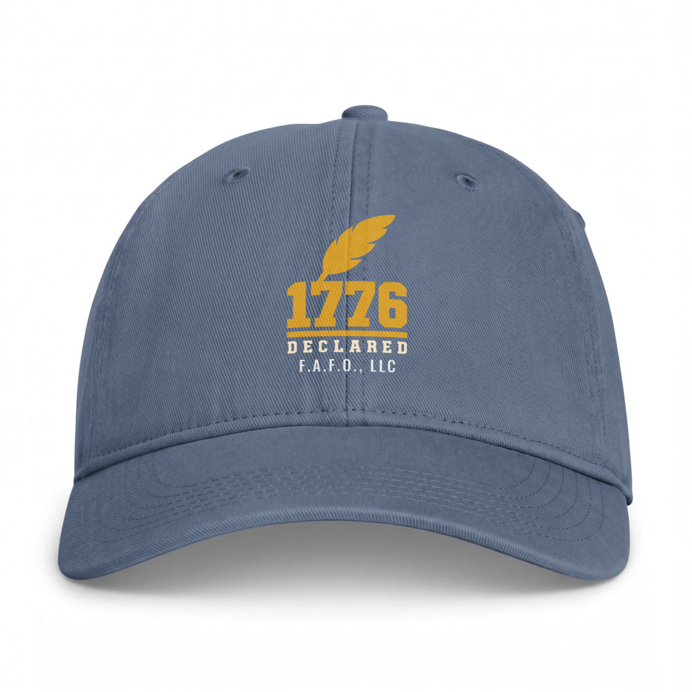 Closed-back washed cap in Blue Jean - Declaration of Independence 1776 with F.A.F.O., LLC stamped on the front