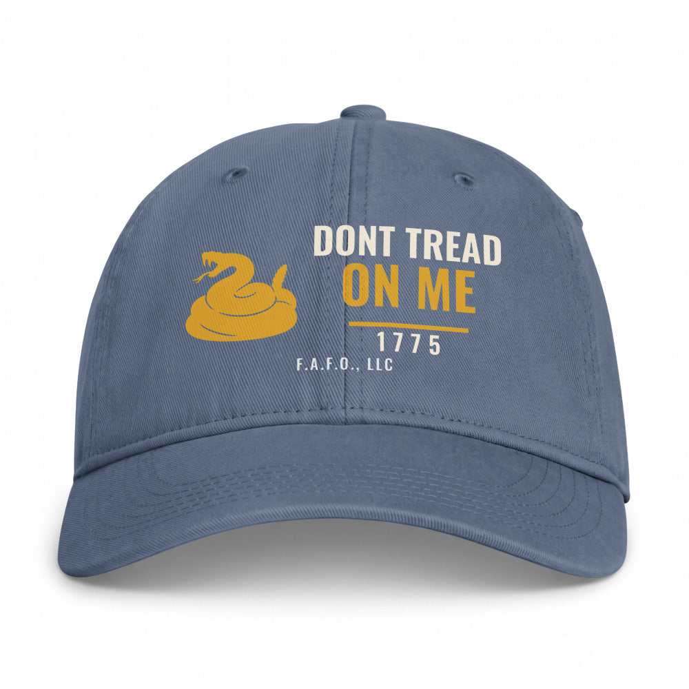 Closed-back washed cap in Blue Jean - Don't Tread On Me 1775 with F.A.F.O., LLC stamped on the front