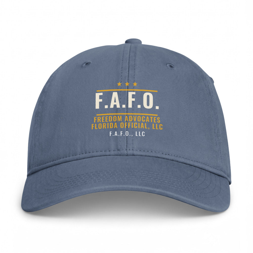 Closed-back washed cap in Blue Jean - F.A.F.O., LLC badge with F.A.F.O., LLC stamped on the front