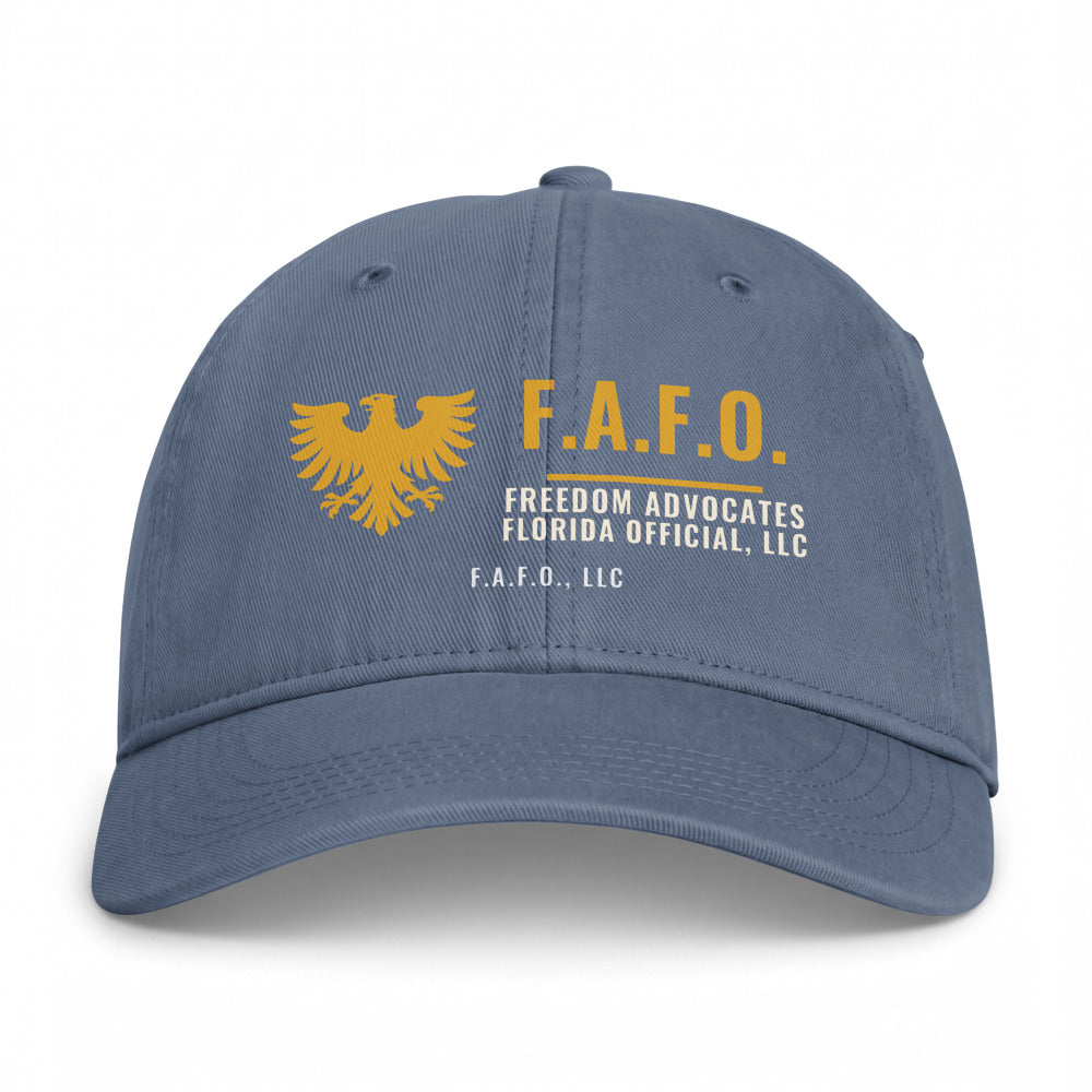 Closed-back washed cap in Blue Jean - F.A.F.O., LLC crest with F.A.F.O., LLC stamped on the front