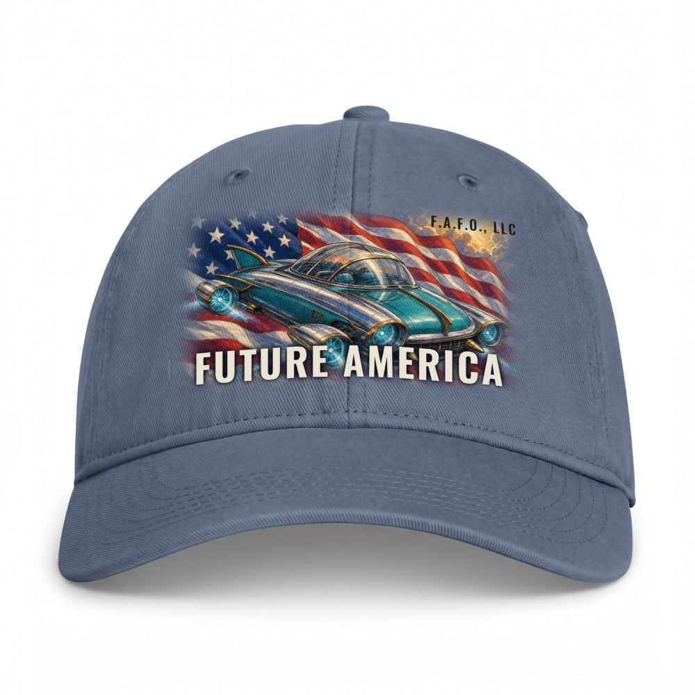Closed-back washed cap in Blue Jean - Future America with F.A.F.O., LLC stamped on the front