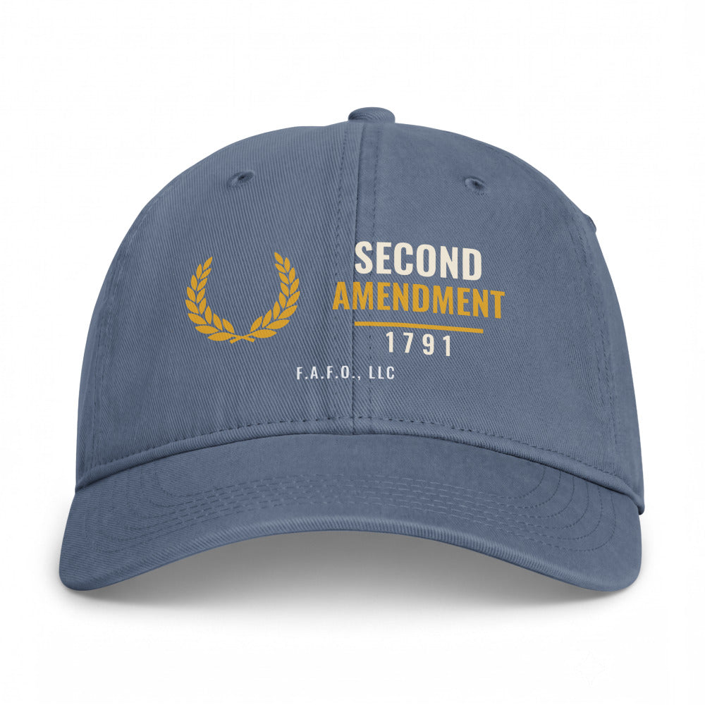 Closed-back washed cap in Blue Jean - Shall Not Be Infringed 1791 with F.A.F.O., LLC stamped on the front