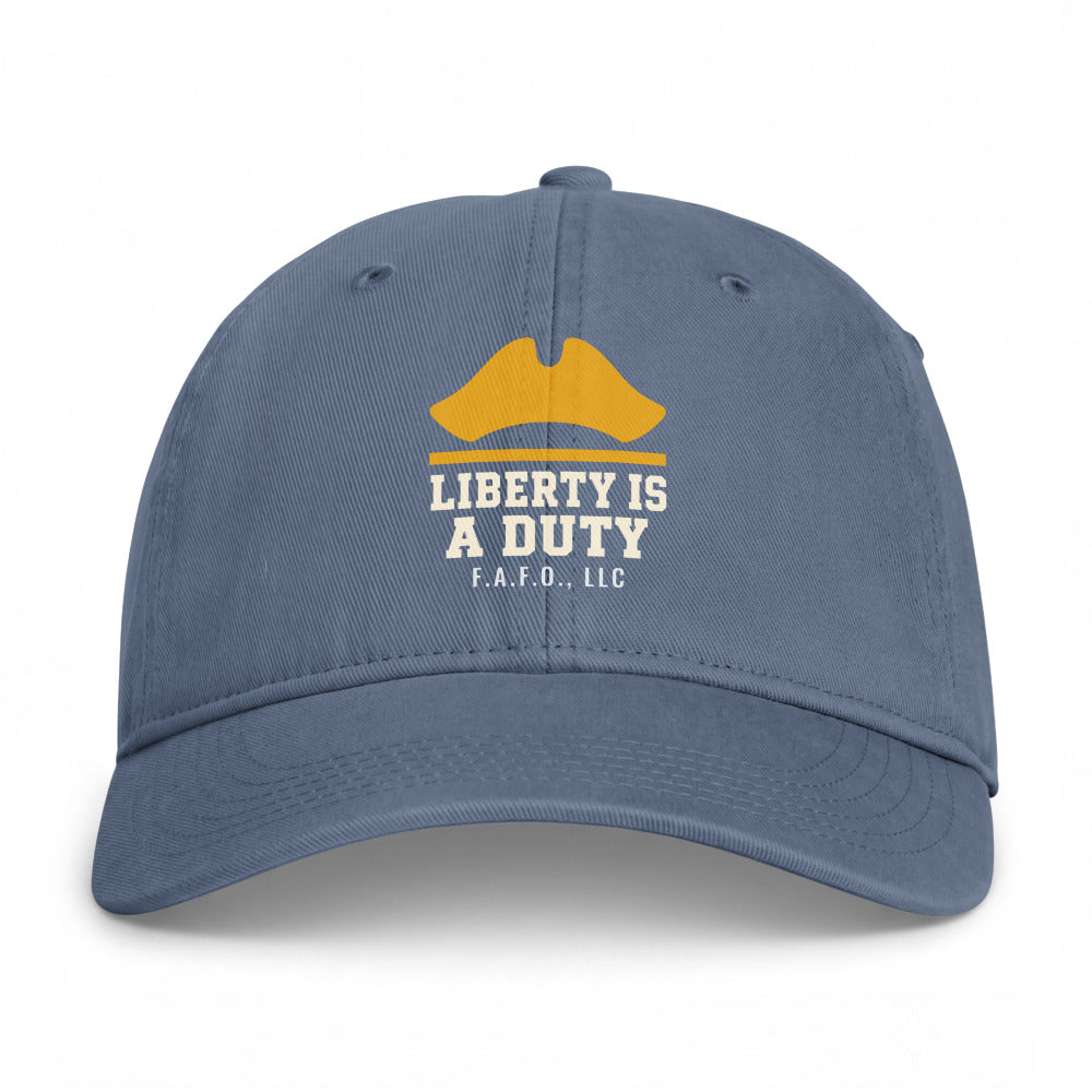 Closed-back washed cap in Blue Jean - Liberty Is A Duty with F.A.F.O., LLC stamped on the front