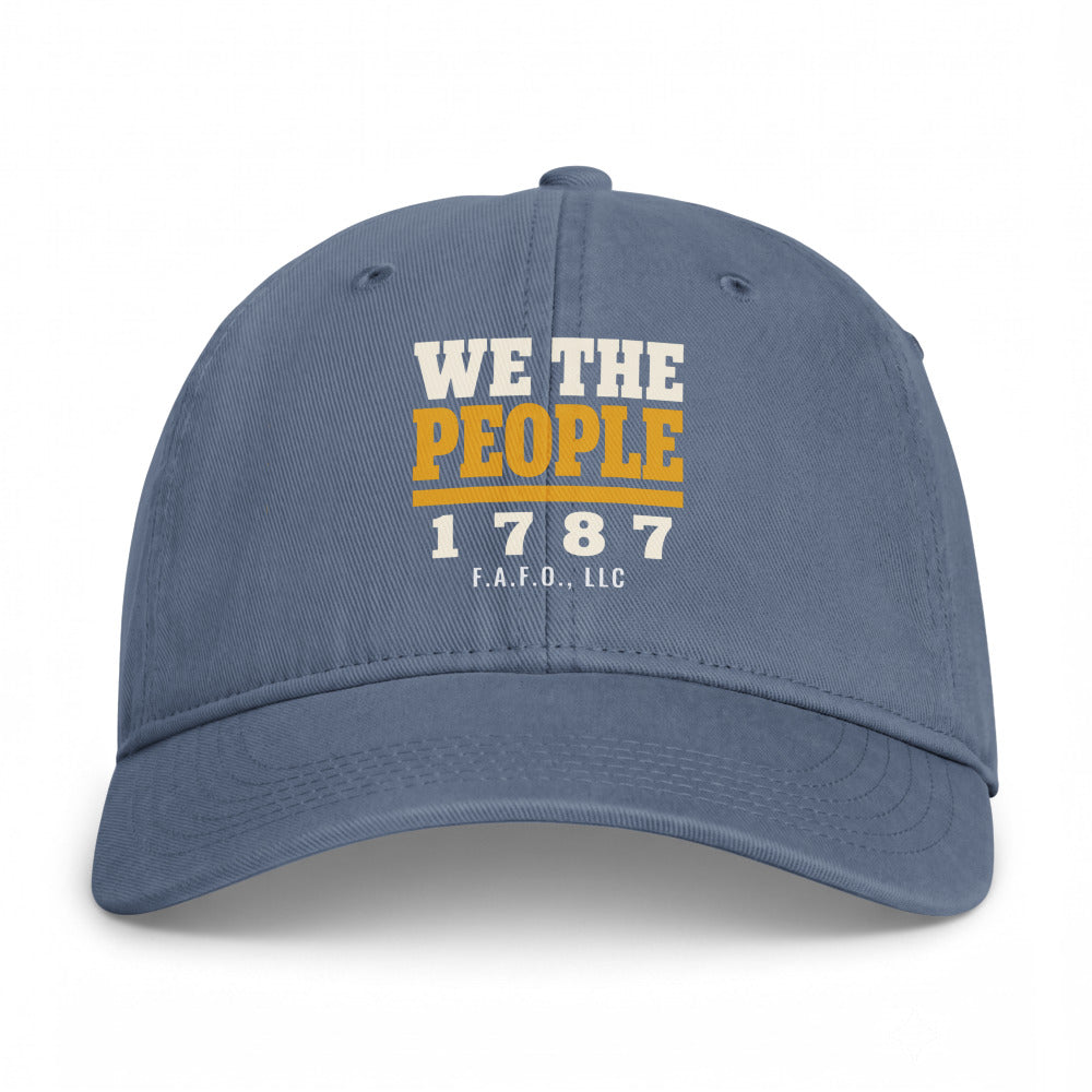 Closed-back washed cap in Blue Jean - We The People 1787 with F.A.F.O., LLC stamped on the front