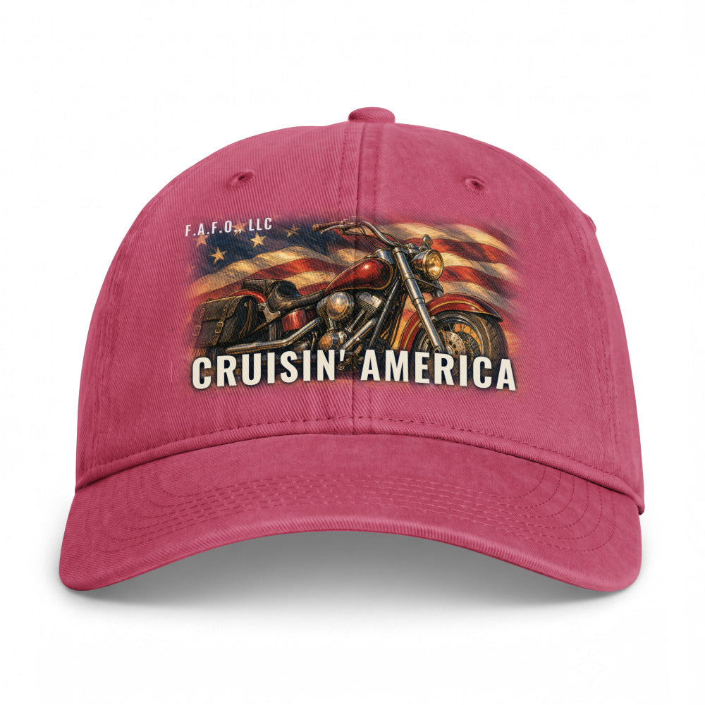 Closed-back washed cap in Crimson - Cruisin' America with F.A.F.O., LLC stamped on the front