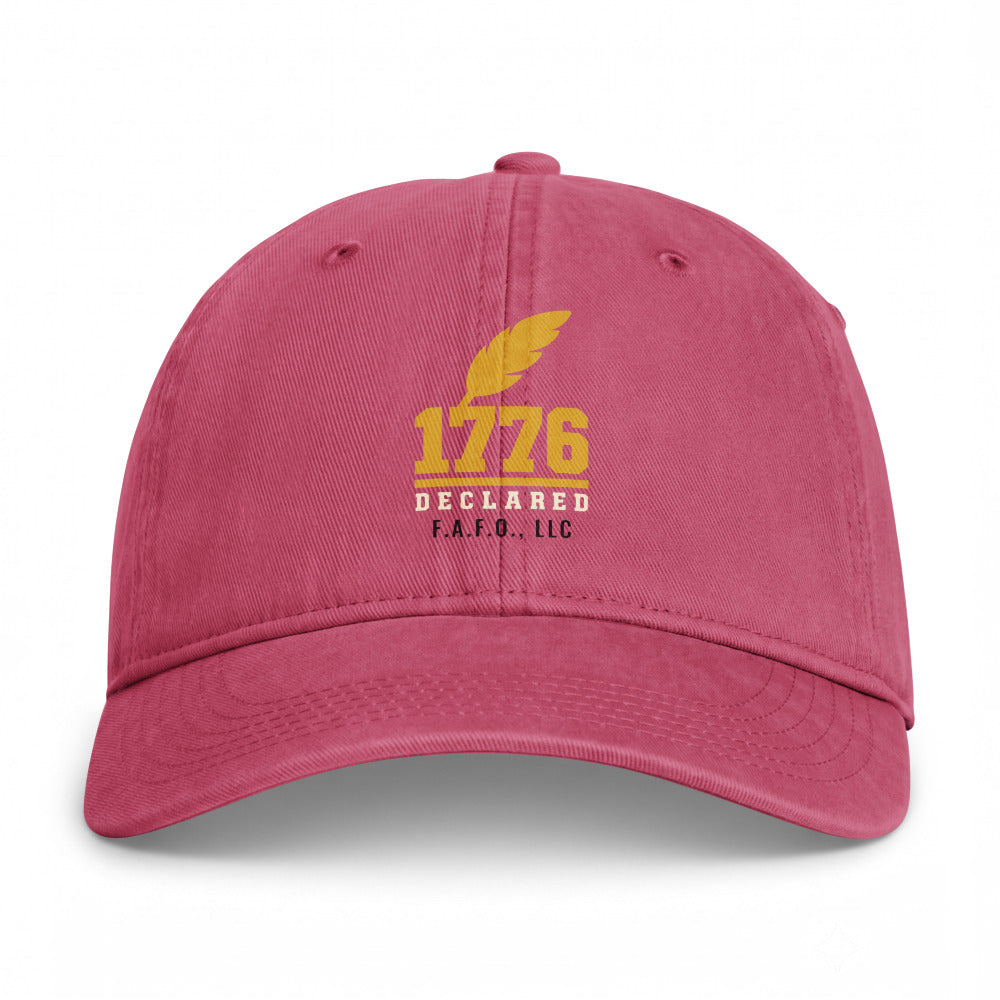 Closed-back washed cap in Crimson - Declaration of Independence 1776 with F.A.F.O., LLC stamped on the front