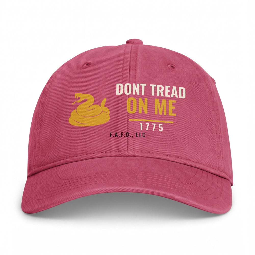 Closed-back washed cap in Crimson - Don't Tread On Me 1775 with F.A.F.O., LLC stamped on the front