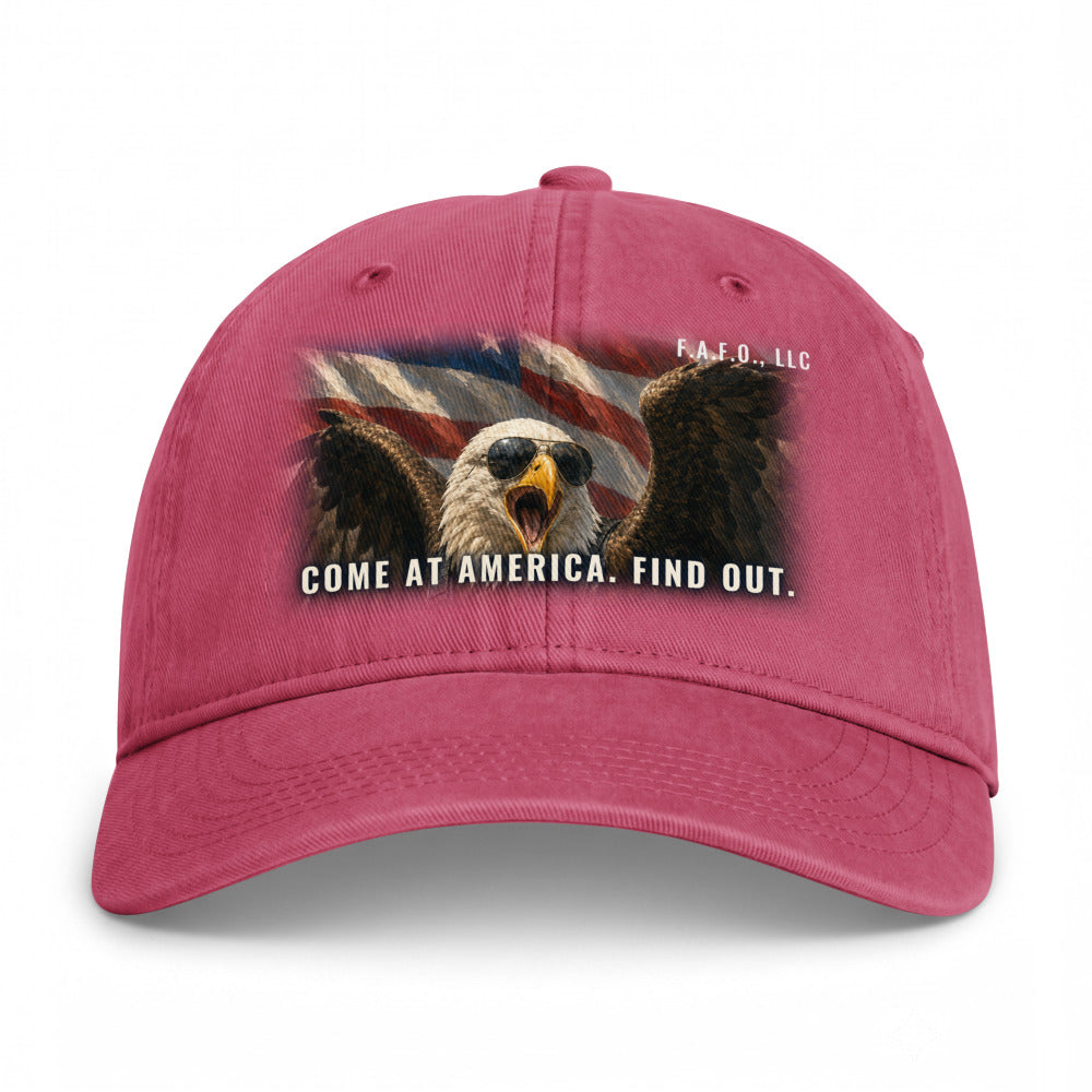 Closed-back washed cap in Crimson - Come At America. Find Out. with F.A.F.O., LLC stamped on the front