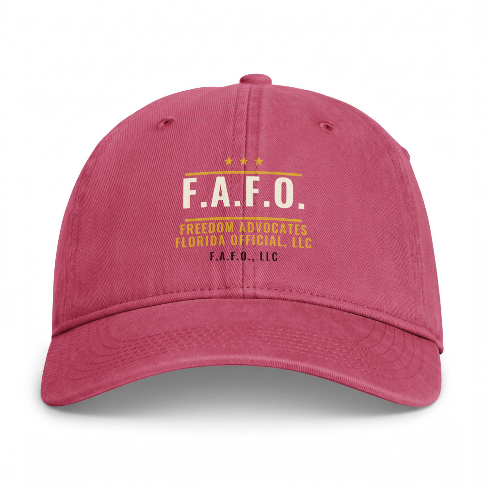 Closed-back washed cap in Crimson - F.A.F.O., LLC badge with F.A.F.O., LLC stamped on the front