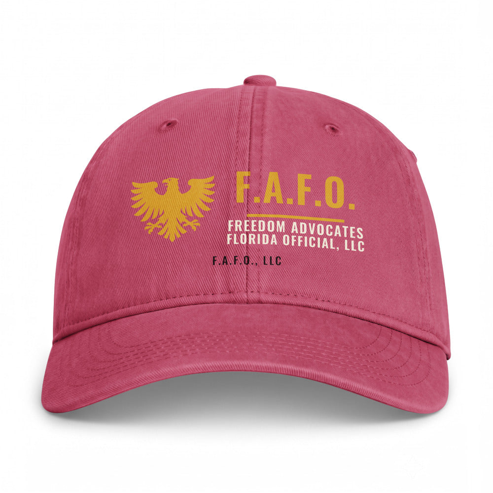 Closed-back washed cap in Crimson - F.A.F.O., LLC crest with F.A.F.O., LLC stamped on the front