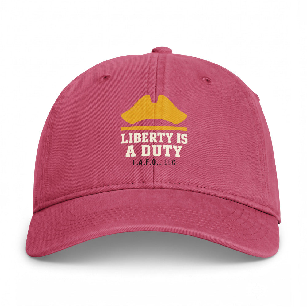 Closed-back washed cap in Crimson - Liberty Is A Duty with F.A.F.O., LLC stamped on the front