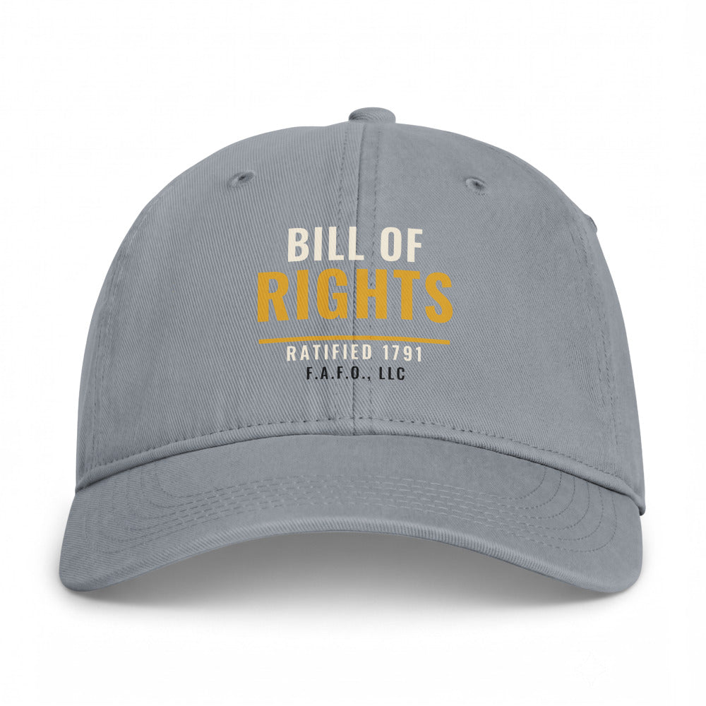 Closed-back washed cap in Granite - Bill of Rights 1791 with F.A.F.O., LLC stamped on the front