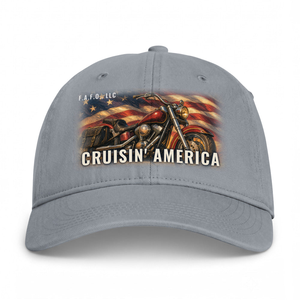 Closed-back washed cap in Granite - Cruisin' America with F.A.F.O., LLC stamped on the front