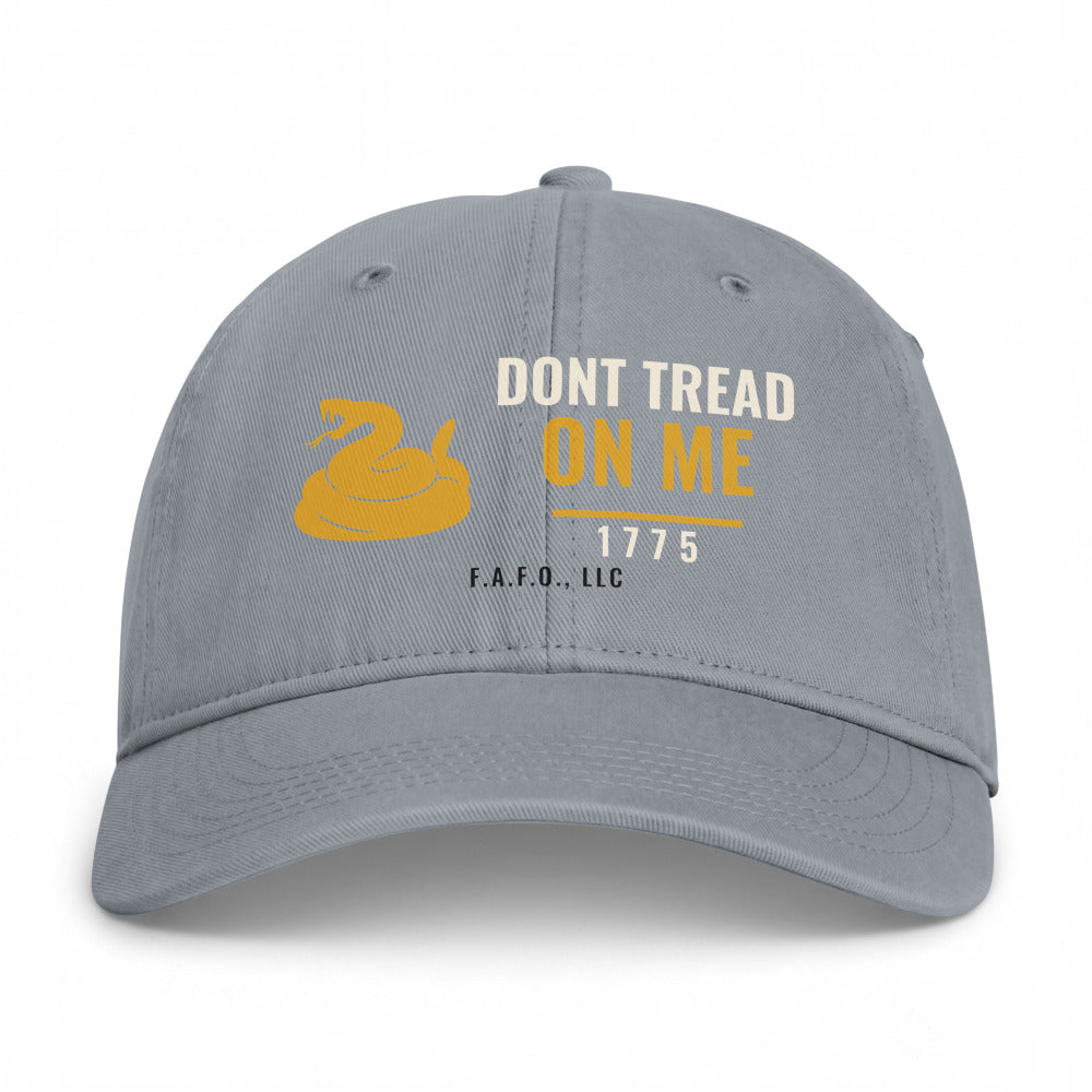 Closed-back washed cap in Granite - Don't Tread On Me 1775 with F.A.F.O., LLC stamped on the front