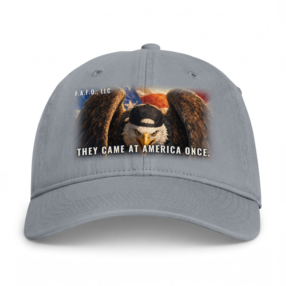 Closed-back washed cap in Granite - They Came At America Once with F.A.F.O., LLC stamped on the front