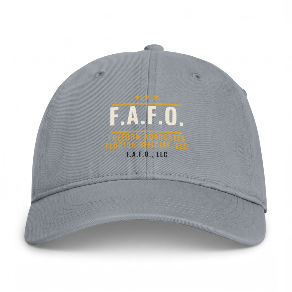 Closed-back washed cap in Granite - F.A.F.O., LLC badge with F.A.F.O., LLC stamped on the front