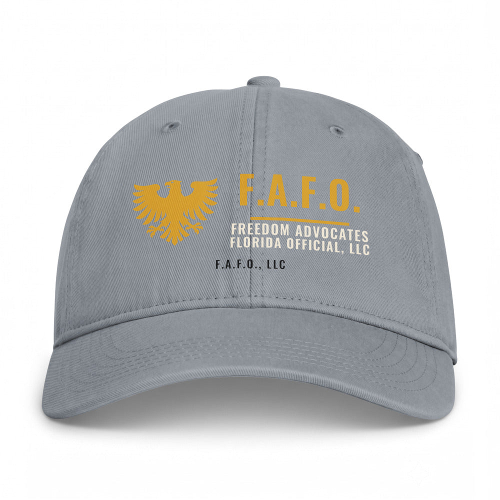 Closed-back washed cap in Granite - F.A.F.O., LLC crest with F.A.F.O., LLC stamped on the front