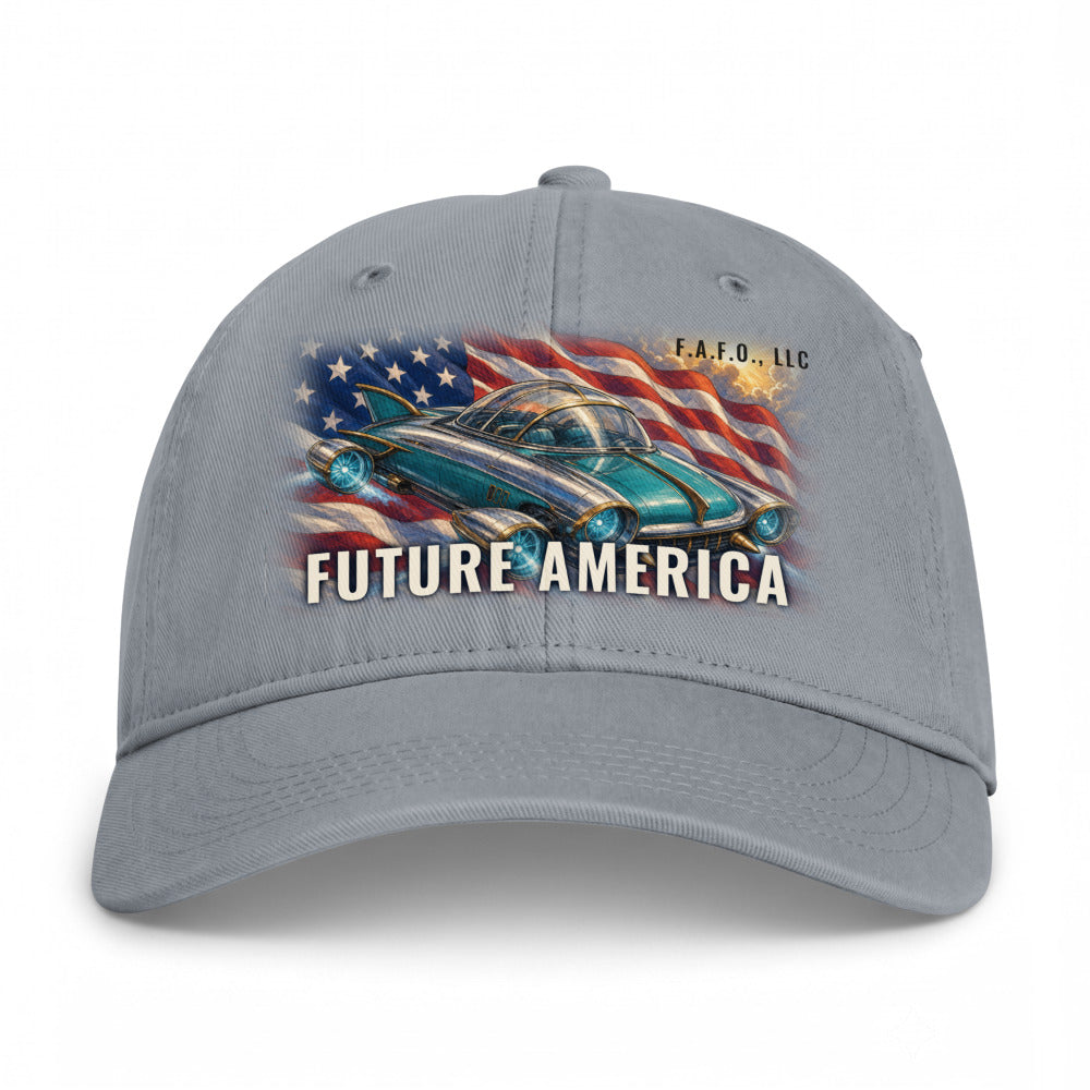 Closed-back washed cap in Granite - Future America with F.A.F.O., LLC stamped on the front