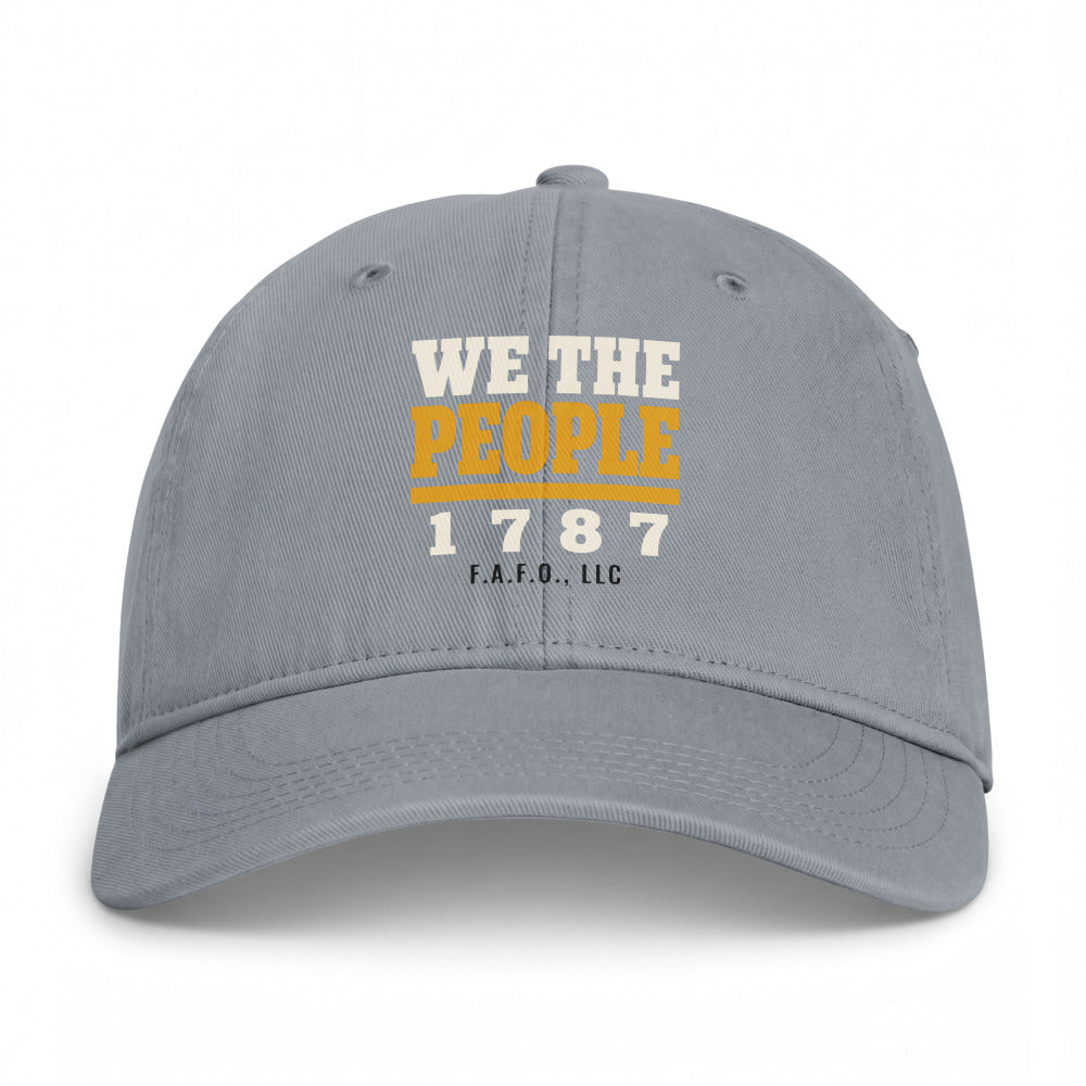 Closed-back washed cap in Granite - We The People 1787 with F.A.F.O., LLC stamped on the front