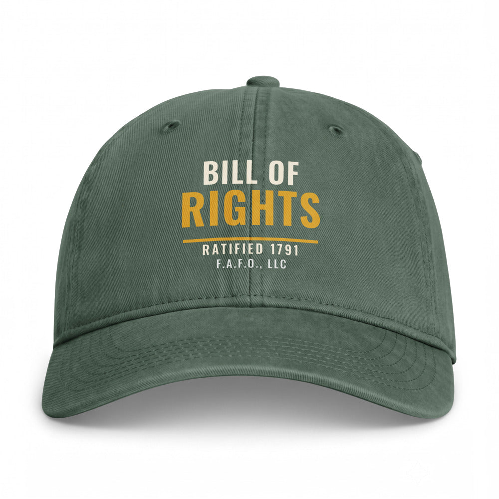 Closed-back washed cap in Moss - Bill of Rights 1791 with F.A.F.O., LLC stamped on the front