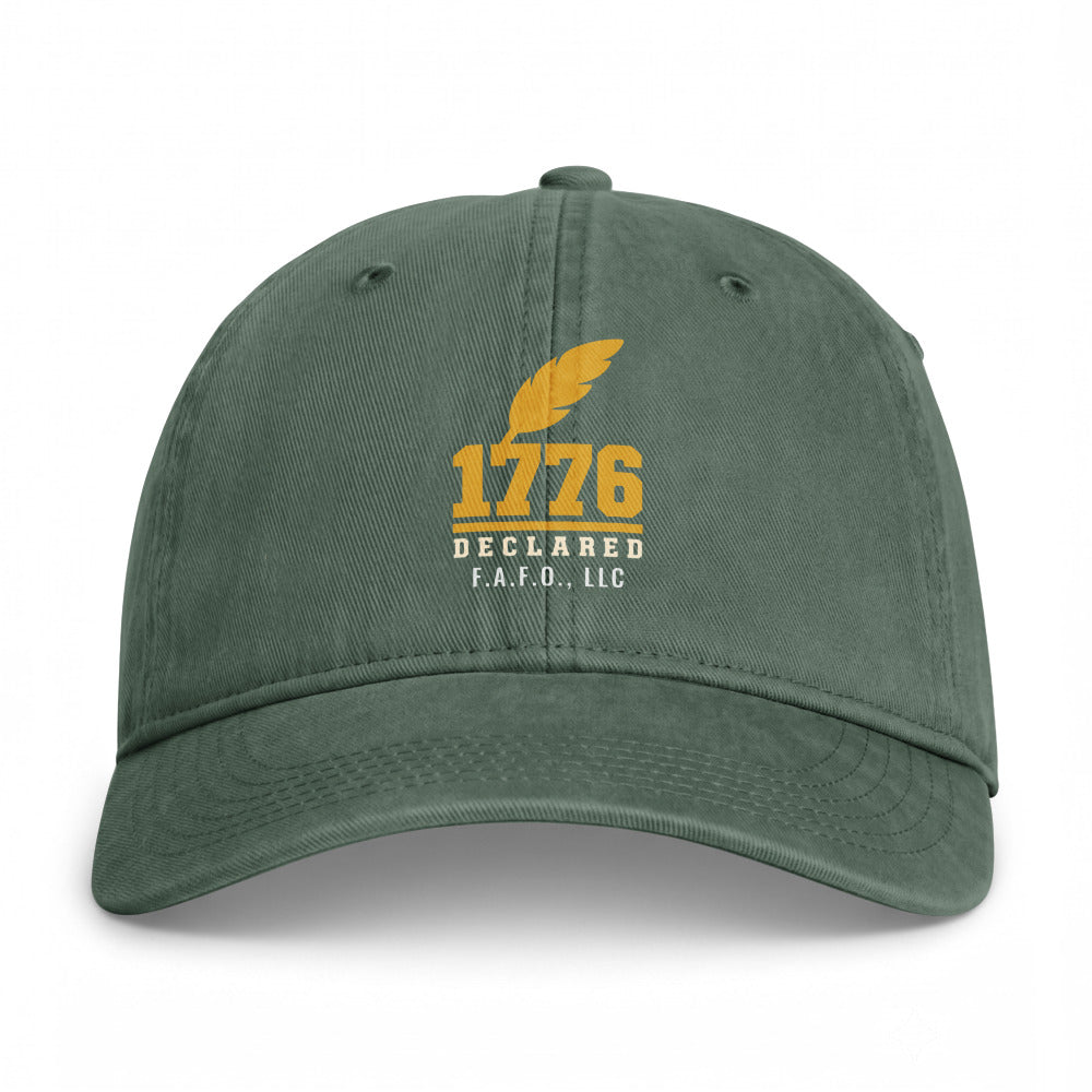 Closed-back washed cap in Moss - Declaration of Independence 1776 with F.A.F.O., LLC stamped on the front