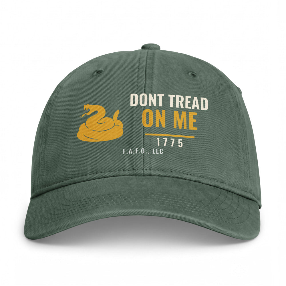 Closed-back washed cap in Moss - Don't Tread On Me 1775 with F.A.F.O., LLC stamped on the front