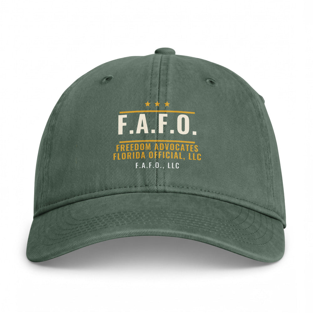 Closed-back washed cap in Moss - F.A.F.O., LLC badge with F.A.F.O., LLC stamped on the front