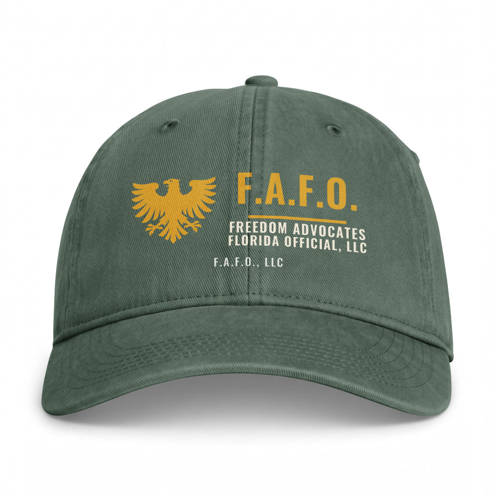 Closed-back washed cap in Moss - F.A.F.O., LLC crest with F.A.F.O., LLC stamped on the front