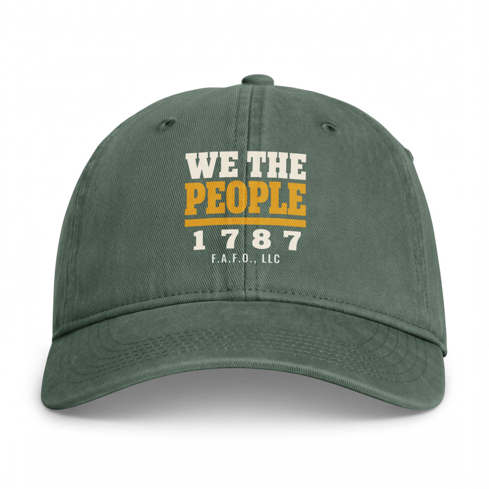 Closed-back washed cap in Moss - We The People 1787 with F.A.F.O., LLC stamped on the front