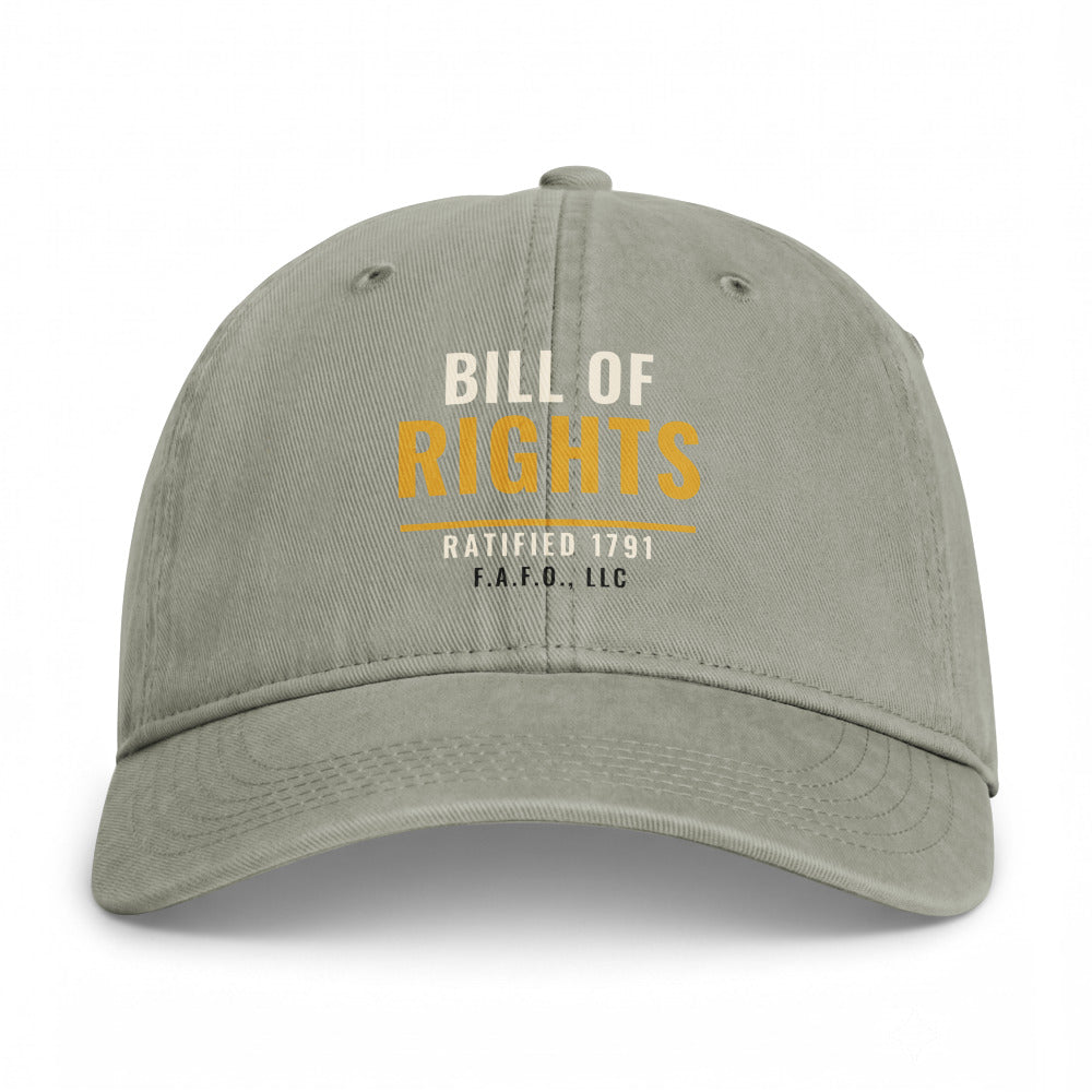 Closed-back washed cap in Sandstone - Bill of Rights 1791 with F.A.F.O., LLC stamped on the front