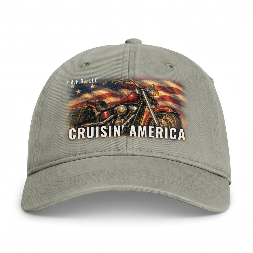 Closed-back washed cap in Sandstone - Cruisin' America with F.A.F.O., LLC stamped on the front