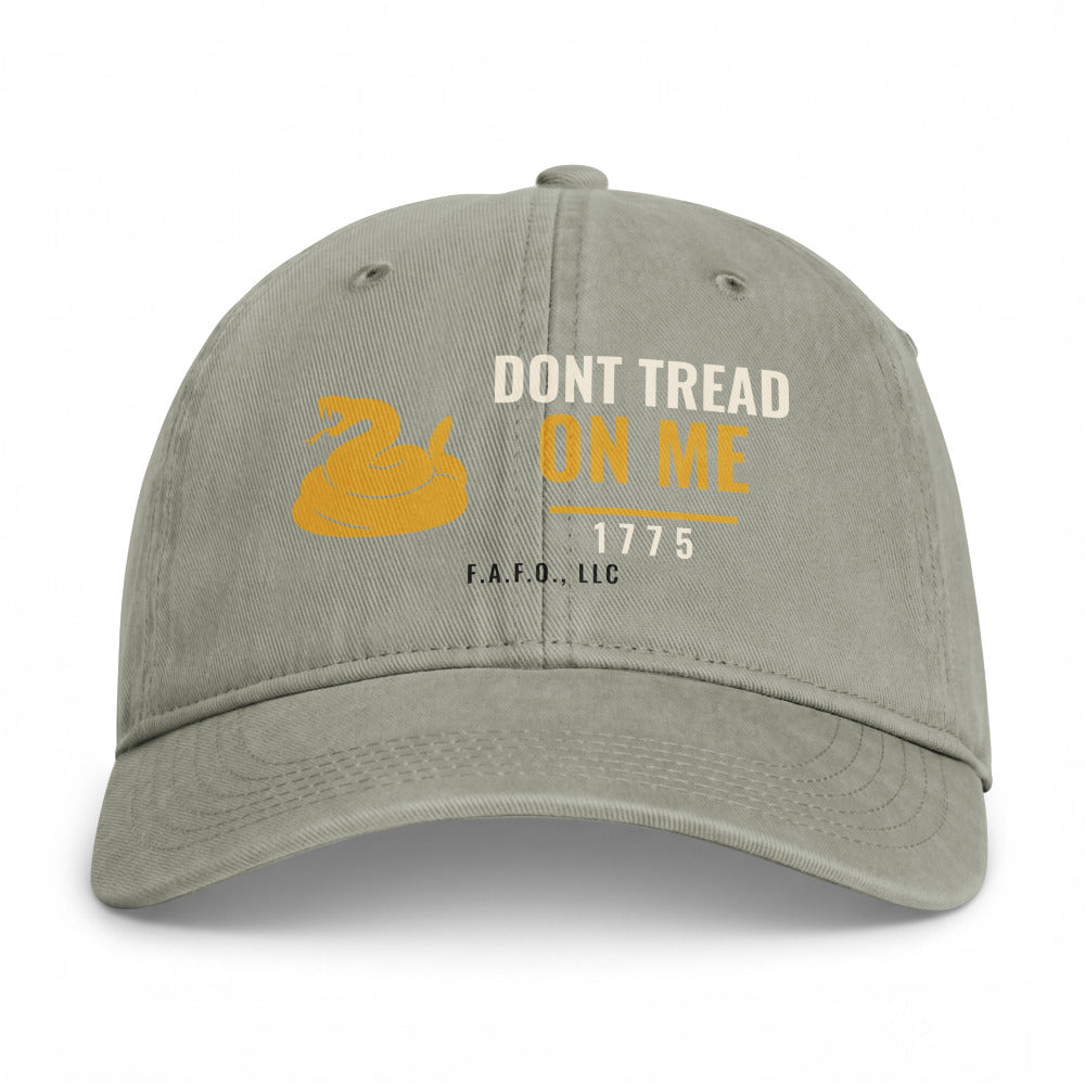 Closed-back washed cap in Sandstone - Don't Tread On Me 1775 with F.A.F.O., LLC stamped on the front