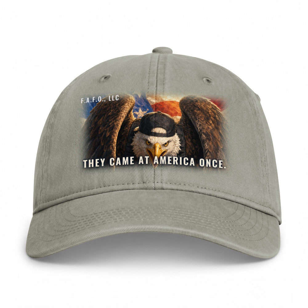 Closed-back washed cap in Sandstone - They Came At America Once with F.A.F.O., LLC stamped on the front