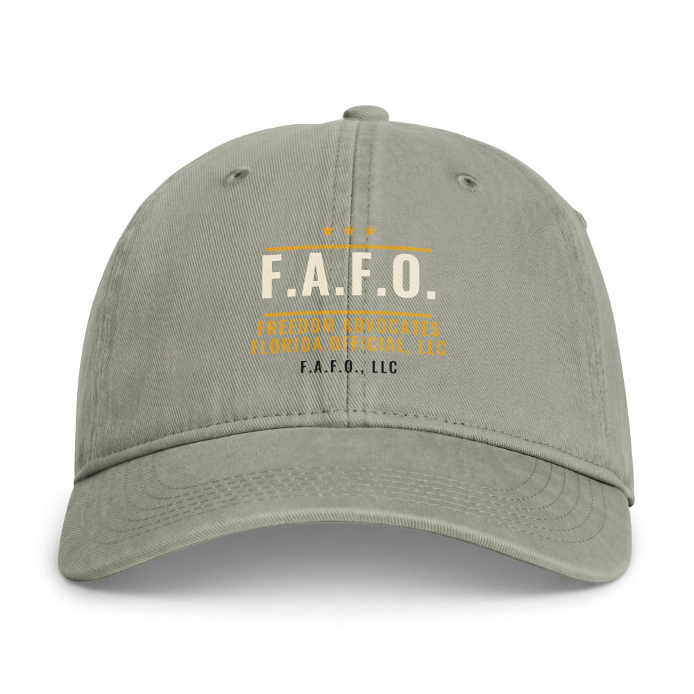 Closed-back washed cap in Sandstone - F.A.F.O., LLC badge with F.A.F.O., LLC stamped on the front