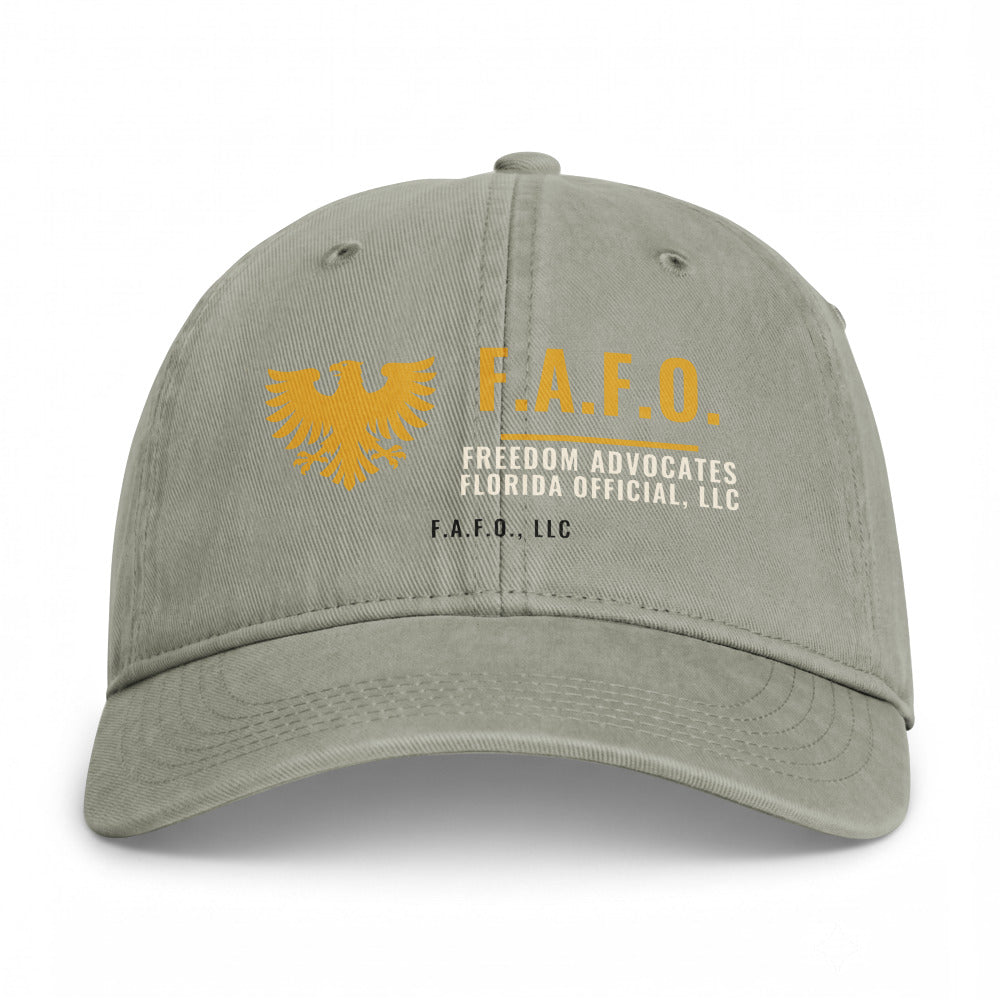 Closed-back washed cap in Sandstone - F.A.F.O., LLC crest with F.A.F.O., LLC stamped on the front
