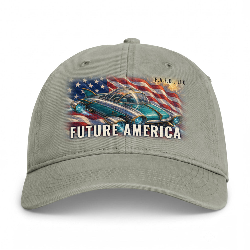 Closed-back washed cap in Sandstone - Future America with F.A.F.O., LLC stamped on the front