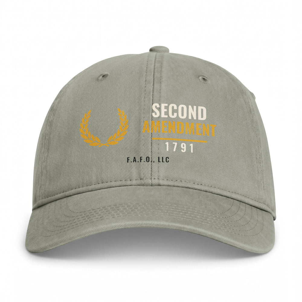 Closed-back washed cap in Sandstone - Shall Not Be Infringed 1791 with F.A.F.O., LLC stamped on the front