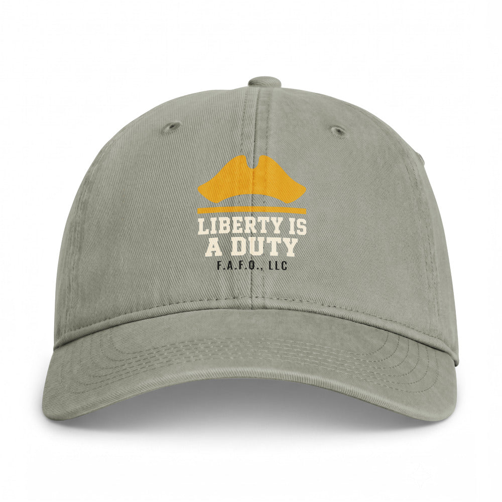 Closed-back washed cap in Sandstone - Liberty Is A Duty with F.A.F.O., LLC stamped on the front