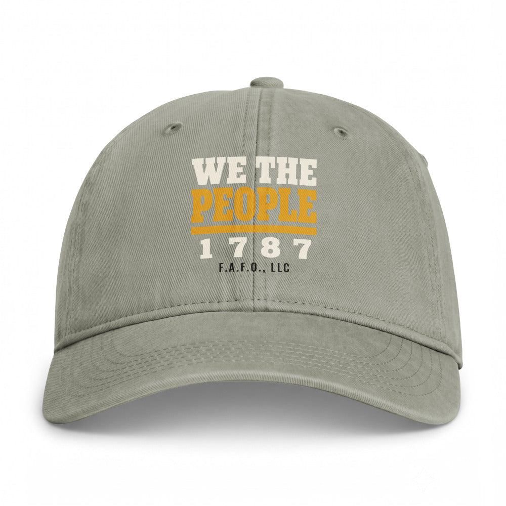 Closed-back washed cap in Sandstone - We The People 1787 with F.A.F.O., LLC stamped on the front